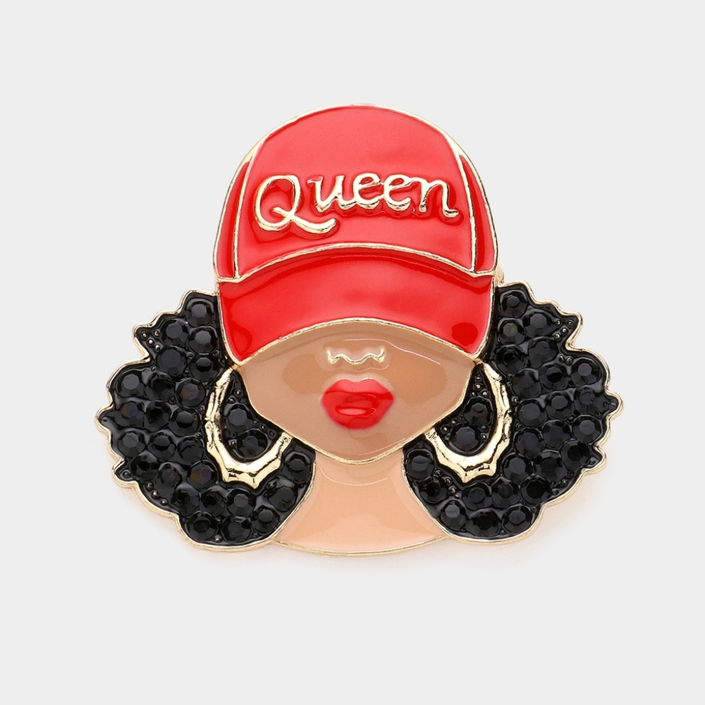 Red QUEEN Black Girl Magic Hoops Afro Hat Worded Statement Brooch Pin